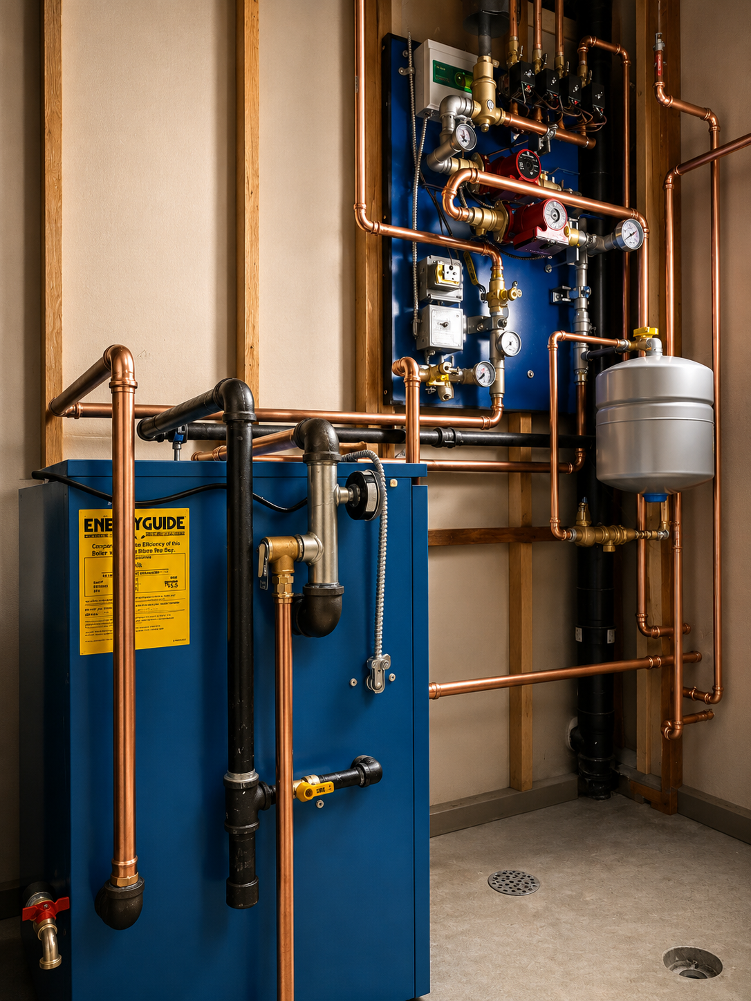 An industrial boiler system with copper pipes, gauges, and a blue control panel, set against a beige wall with wooden framing.