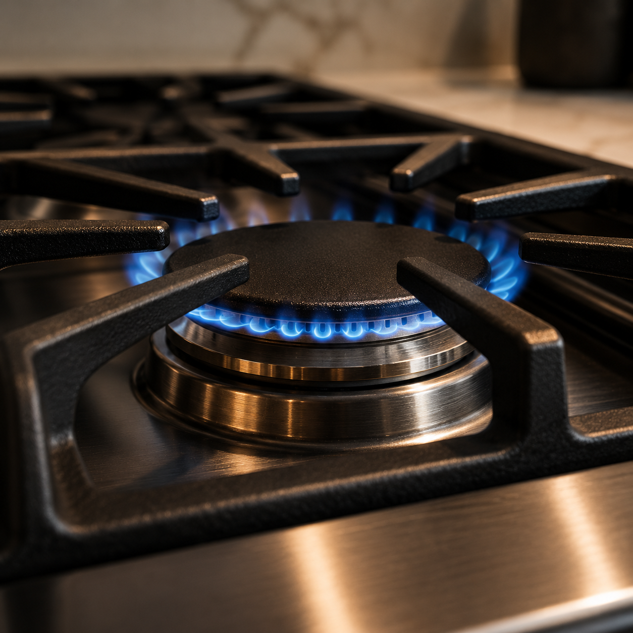 Close-up of a lit gas stove burner with blue flames, surrounded by black cast iron grates.