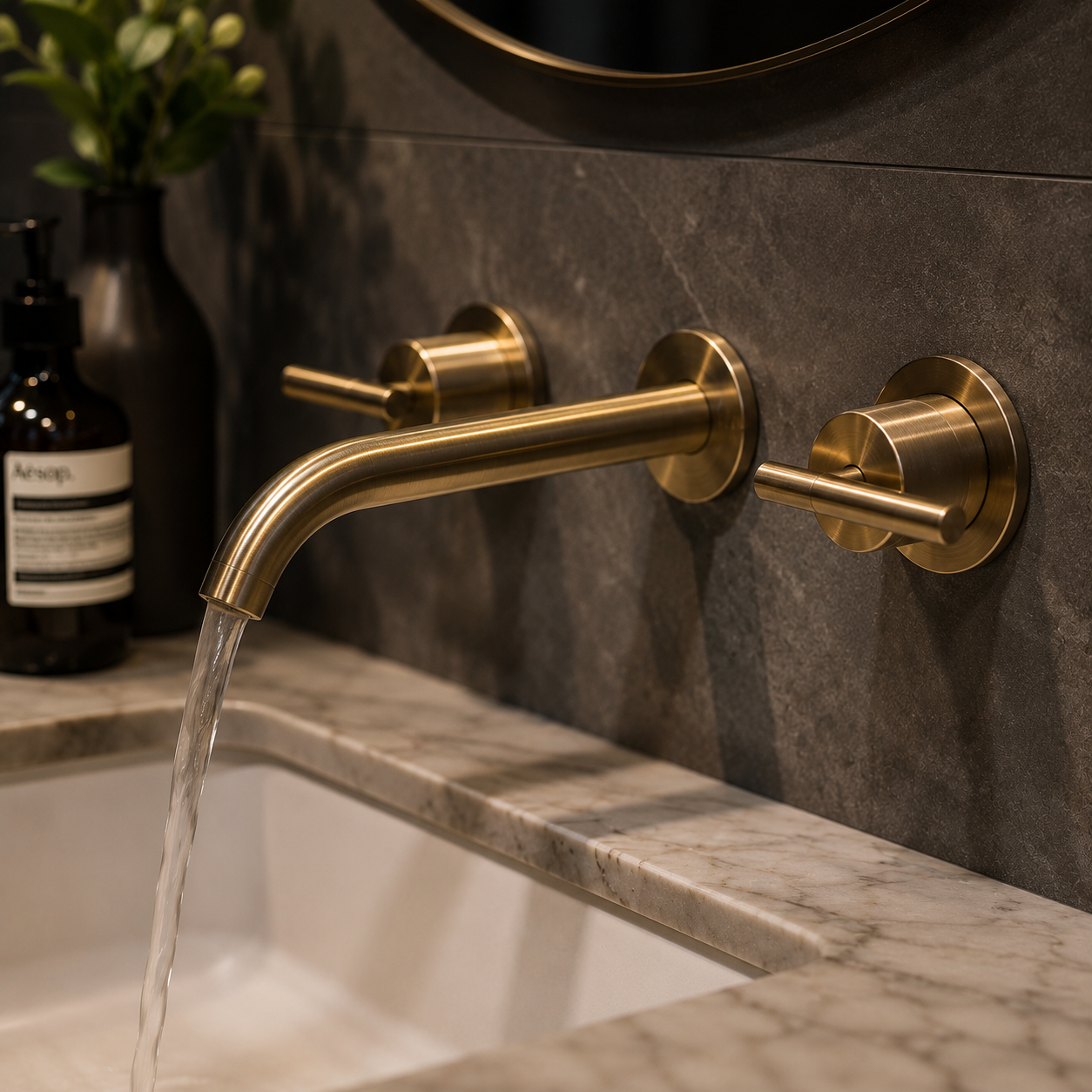 A modern sink faucet with water running, mounted on a dark stone wall in a bathroom or kitchen, with a marble countertop and soap dispenser in the background.