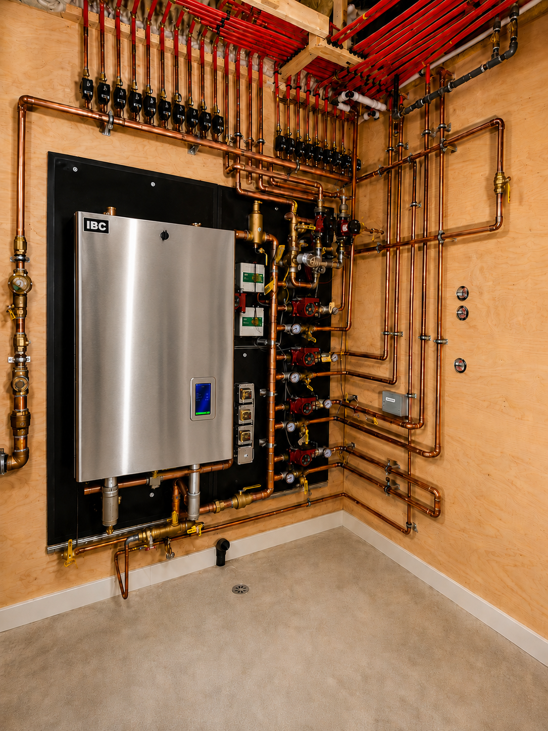 A mechanical room with copper pipes, gauges, and control boxes.