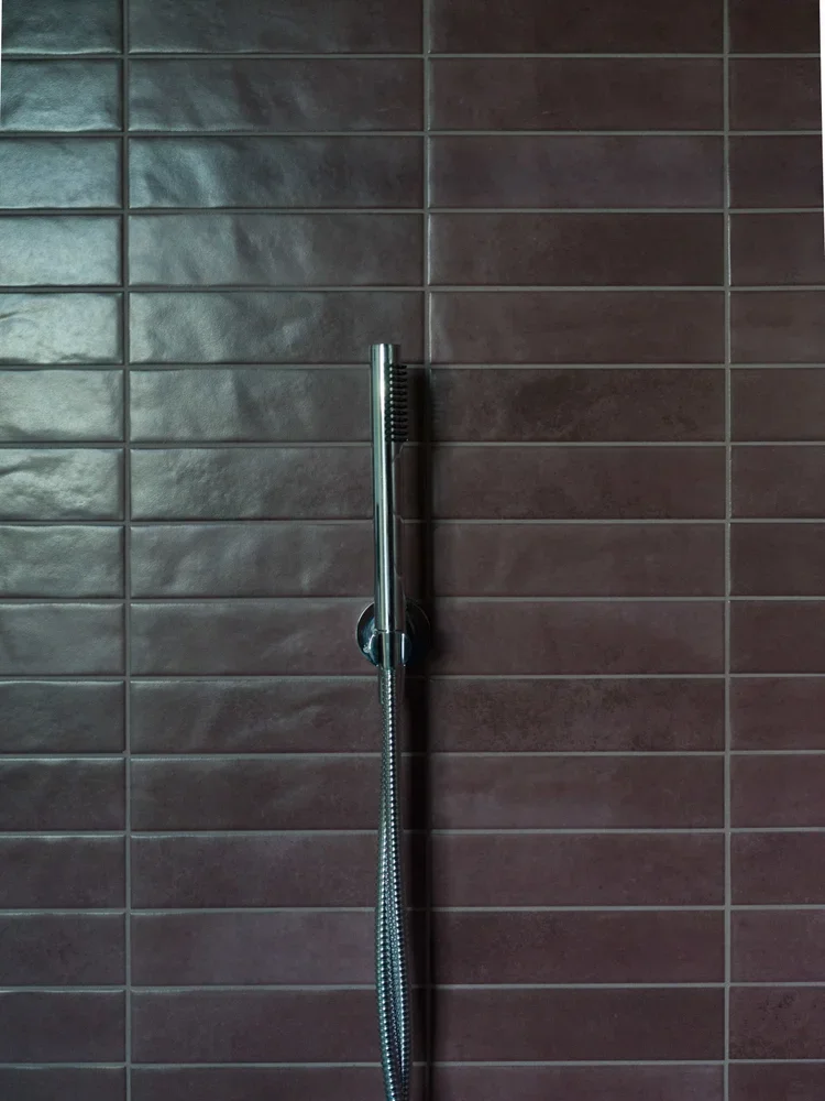 Shower head mounted on brown tiled wall in a shower.