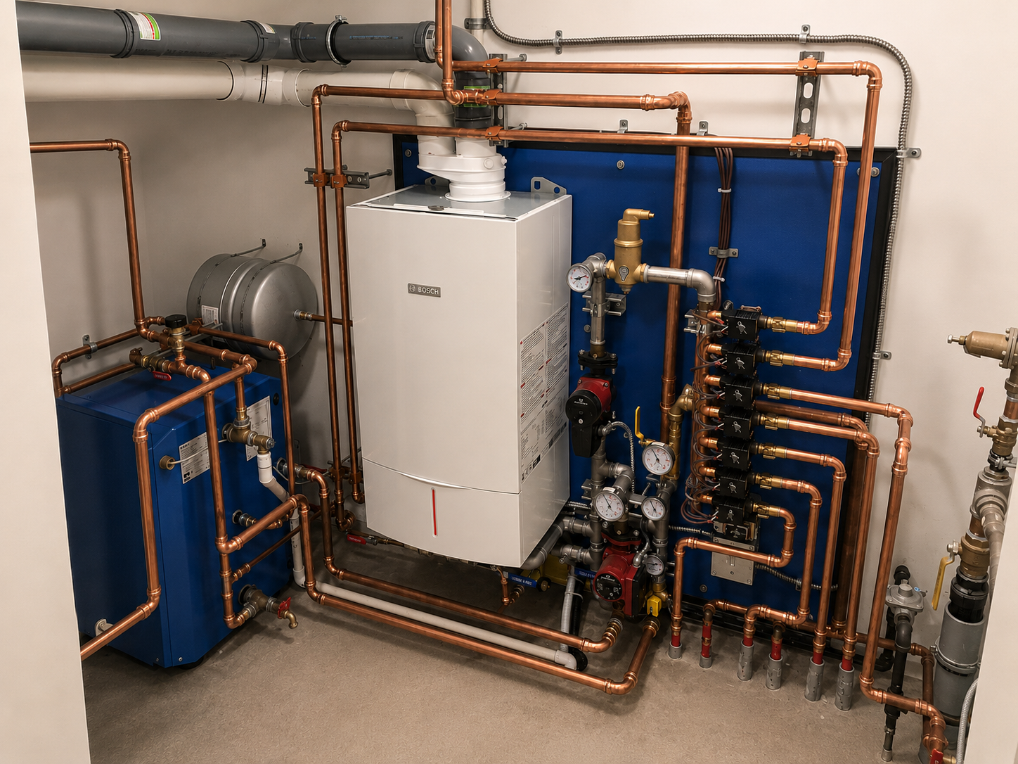 An HVAC or boiler system with copper pipes, gauges, pumps, and a white boiler unit mounted on a blue panel.