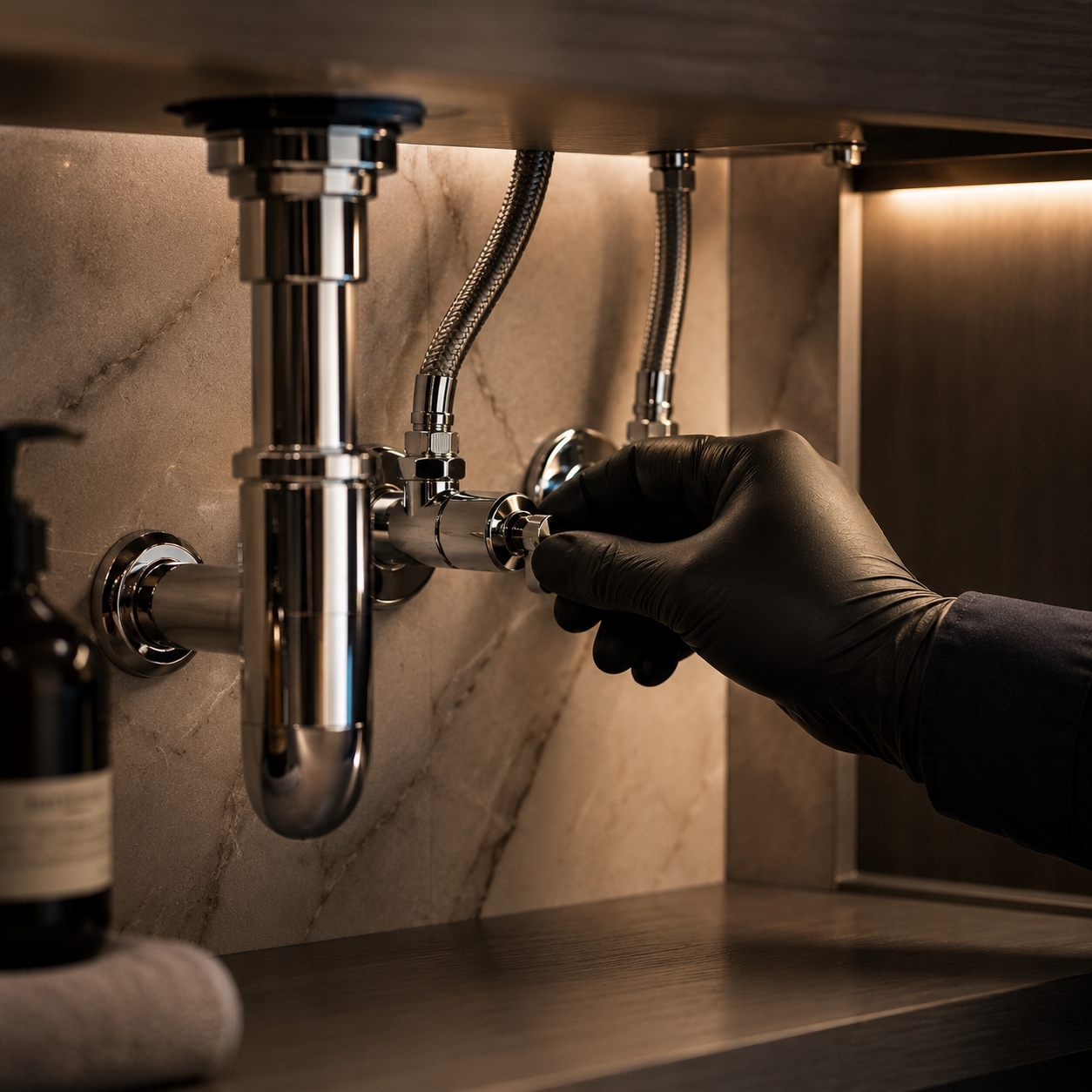 A person wearing black gloves adjusting the plumbing under a sink, with chrome pipes and fixtures against a marble wall background.