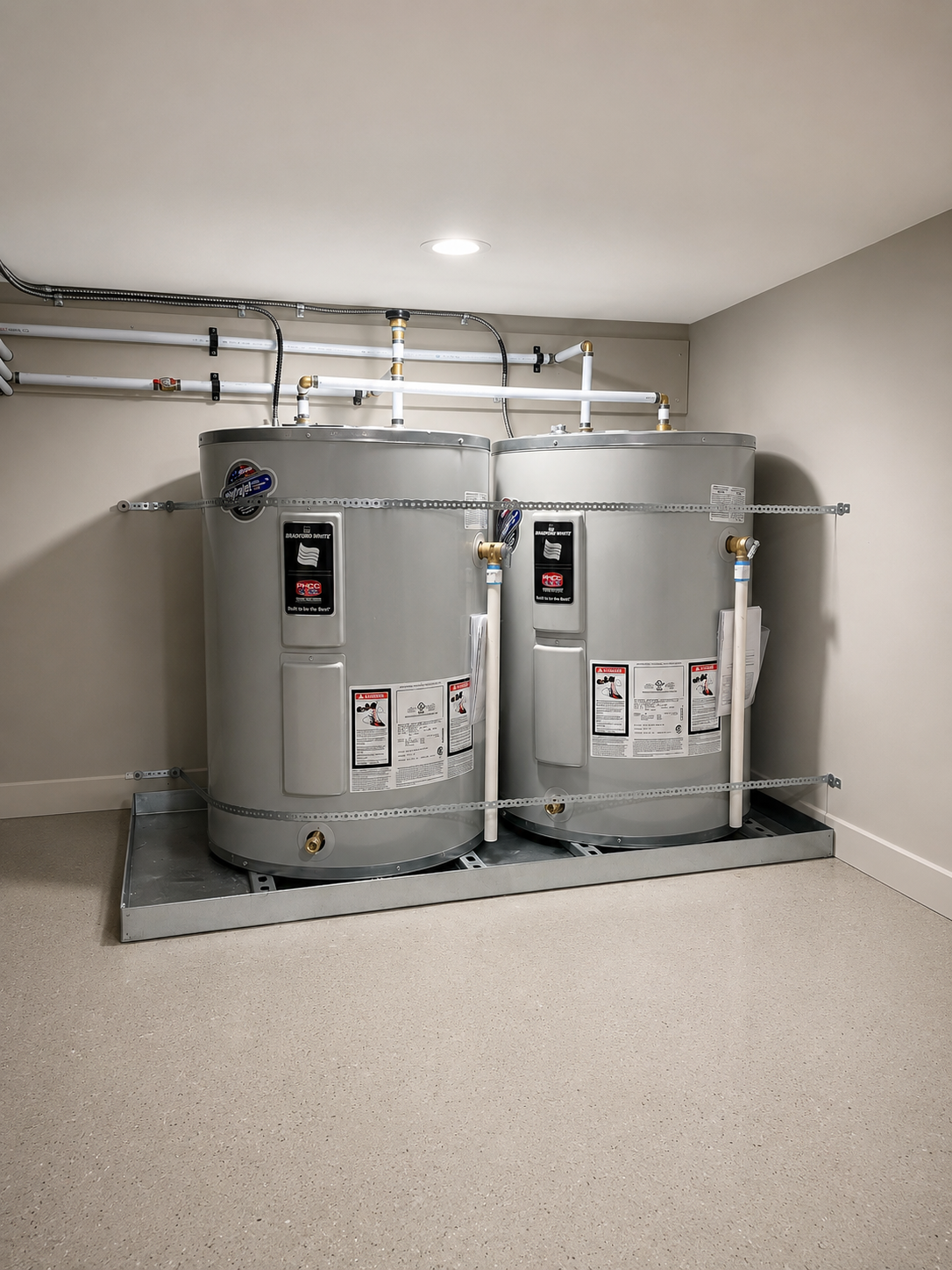 Two water heaters installed on a metal platform in a utility room with white pipes and wiring.