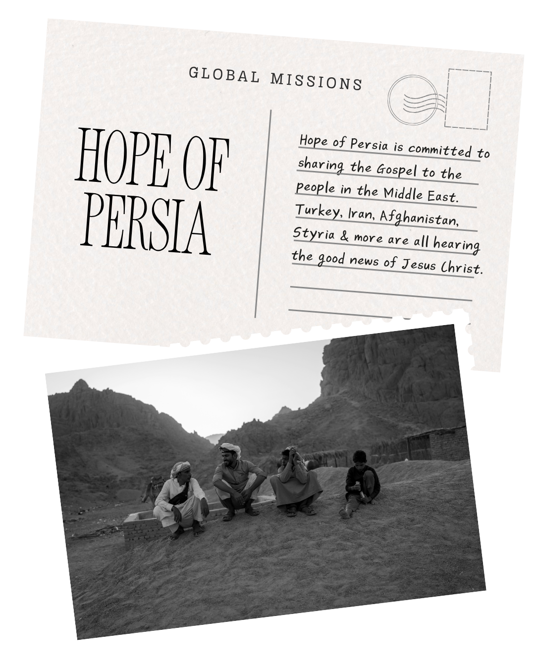 black and white picture of thee grown men and a young boy sitting in a desert with turbans on