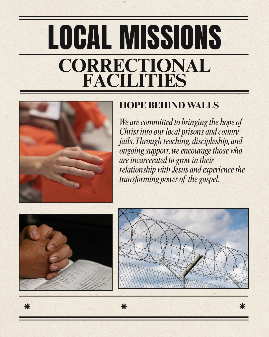 Newspaper with text and pictures of someone's hand on the shoulder of someone in an orange jumpsuit. Folded hands on a Bible and prison barbed wire