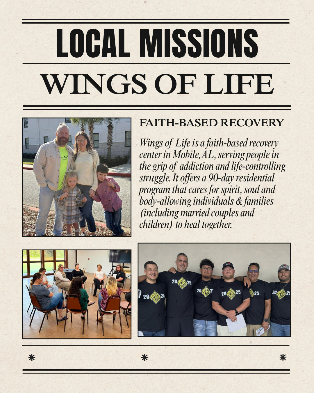 Newspaper with text and images of a young family. People sitting in a group setting and a group of men with arms around each shoulders posing for a picture all wearing the same shirt