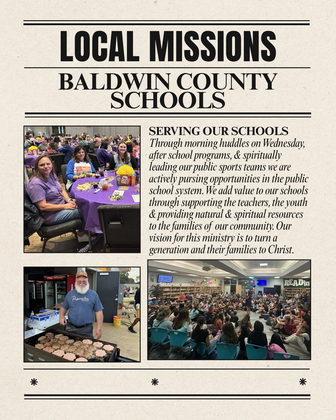 Newspaper with text and a picture of teaching sitting around a table eating. A man with a beard grilling hot dogs at a school function and a large group of school students sitting around listening to a pastor talk