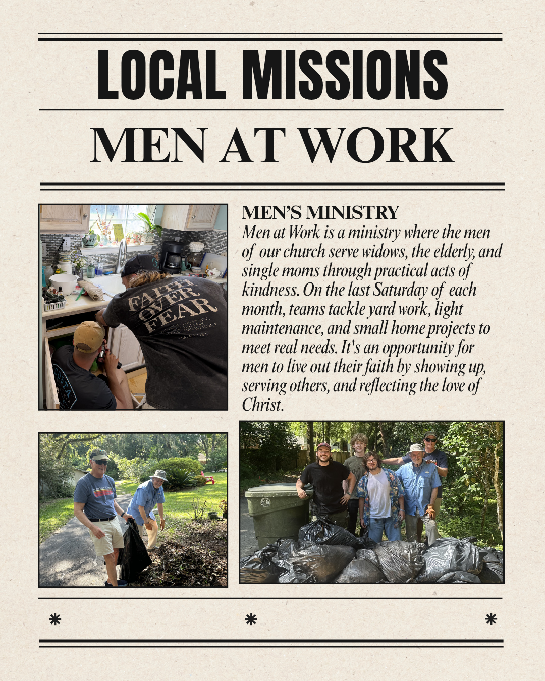 Newspaper with text a pictures of men fixing a cabinet, men raking leaves and a group of older and younger men posing in front of black trash bags by a garbage can