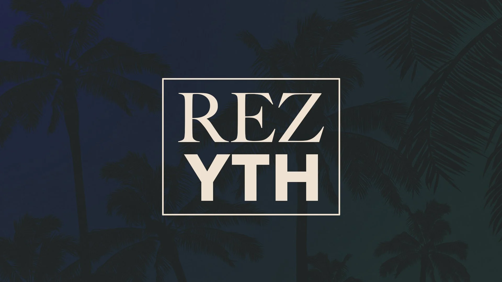 Image of the logo for REZYTH with dark blue and green palm trees in the background