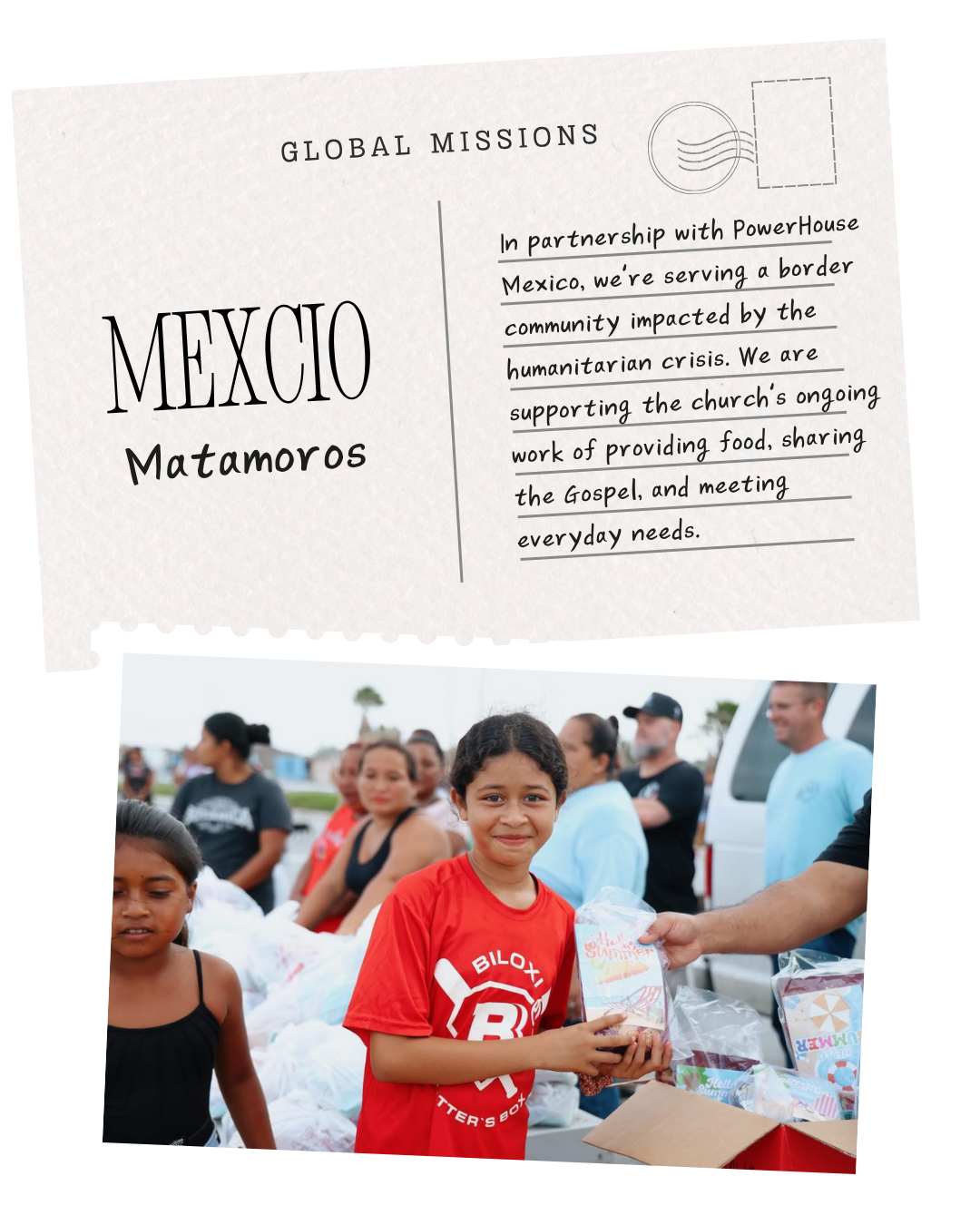 Young girl from another country holding a bag given to her by a volunteer