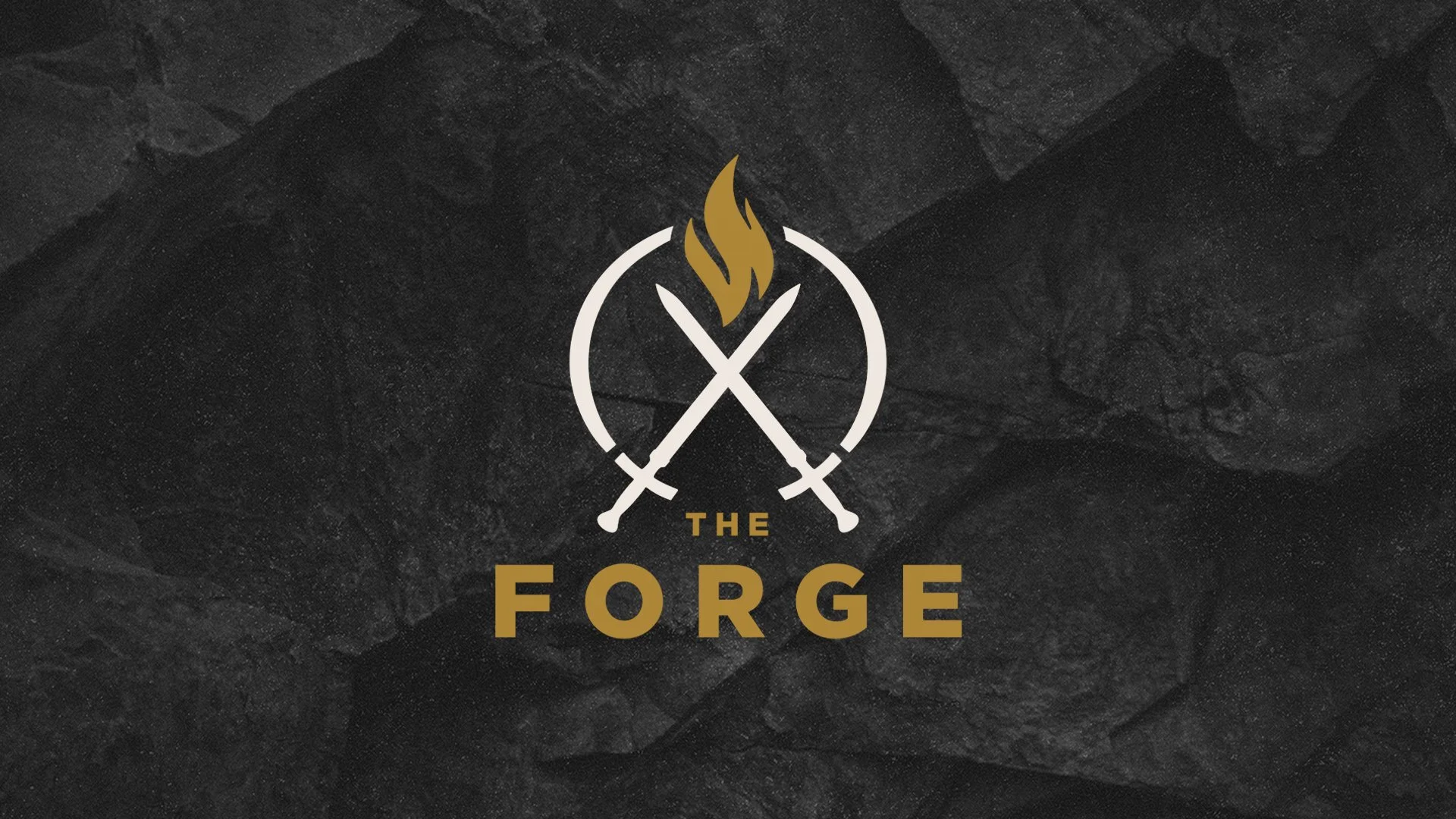 Image with the Forge logo of two swords and fire with a black rock background