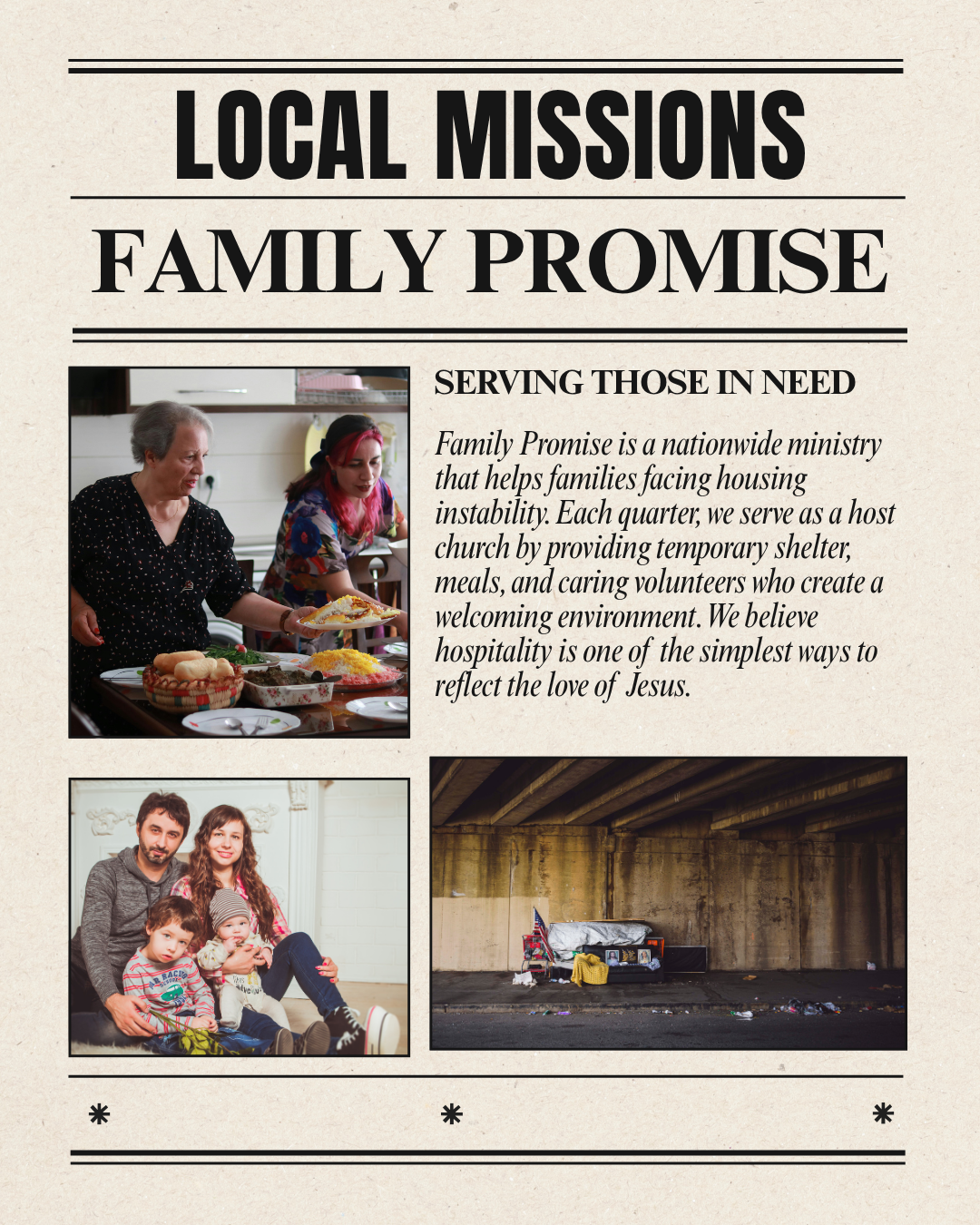 Newspaper with text and picture of ladies serving food. a young family and where a homeless person is living under a bridge
