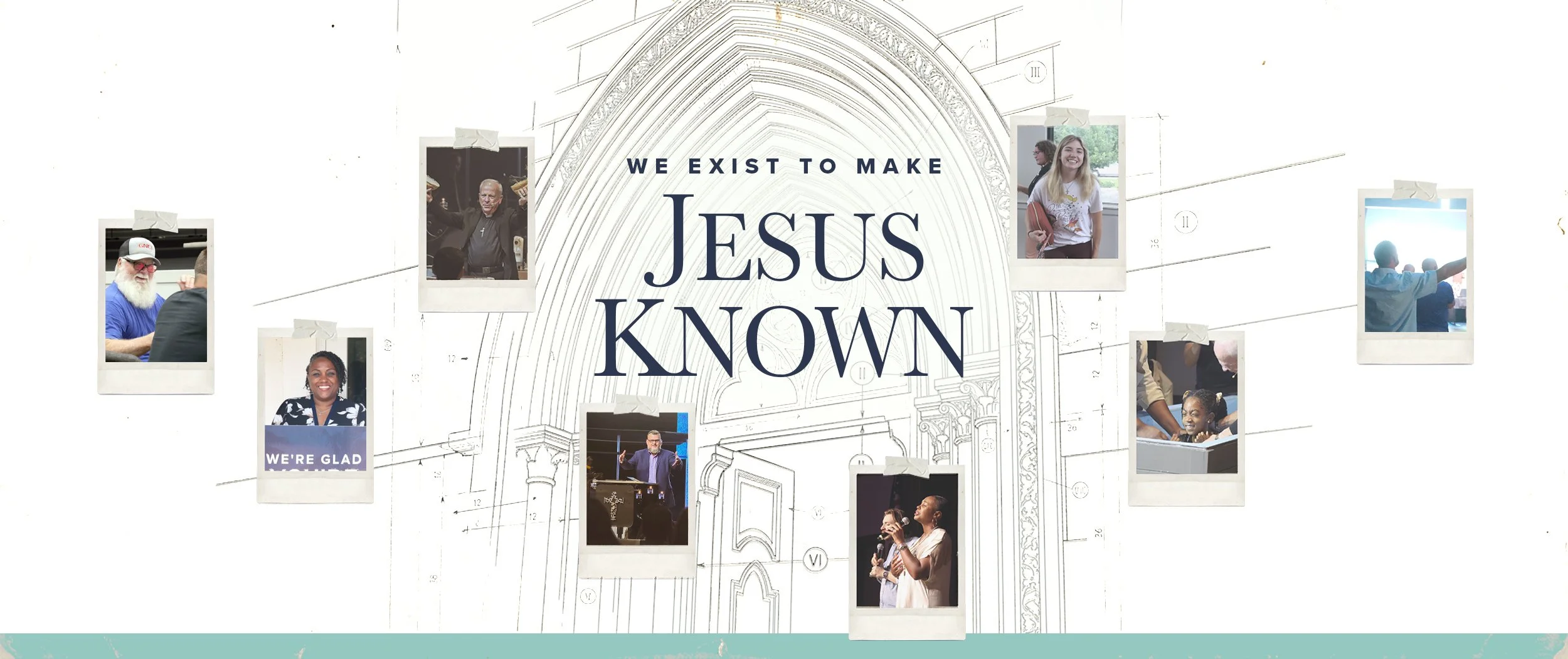 Background picture that has smaller pictures of people. A pastor holding communion bread up. A young girl being baptized. Ladies Singing. Giving the look of a diverse church