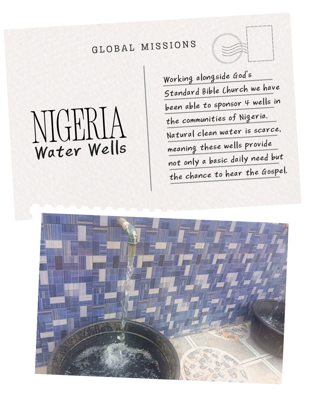 A water spout attacked to a mosaic wall has water flowing out into a black bucket