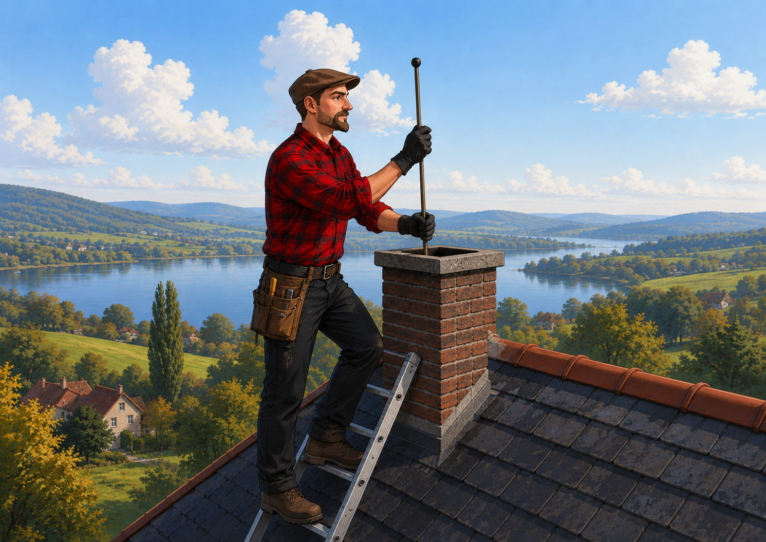 Un homme travaille sur un toit, utilisant une échelle et portant des gants, avec un paysage rural en arrière-plan comprenant un lac, des collines et des arbres.