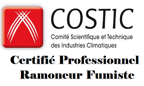Logo du comité scientifique et technique des industries climatiques avec le texte "Certifié Professionnel Ramoneur Fumiste"