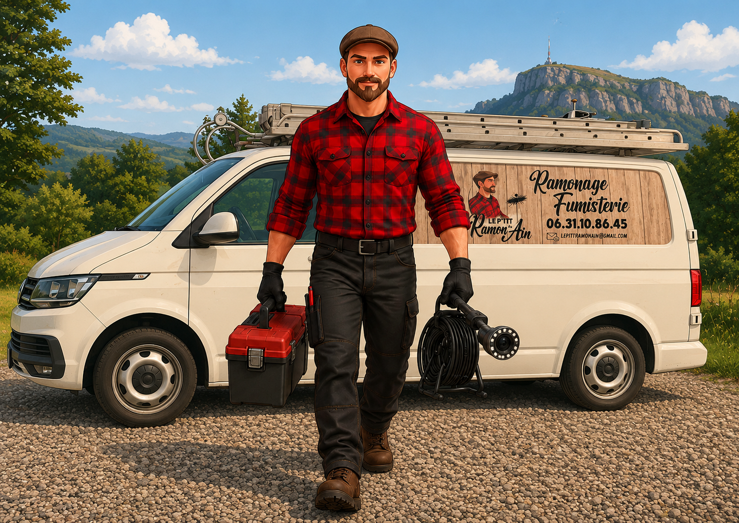 Un homme habillé en artisan ou en professionnel de la fumisterie, portant des gants, un casque et des vêtements à carreaux rouges et noirs, se tient devant un véhicule blanc de service avec un logo représentant un homme en tenue de travail. Il tient une boîte à outils dans une main et un tuyau d'arrosage dans l'autre, avec un paysage de nature et une montagne en arrière-plan.