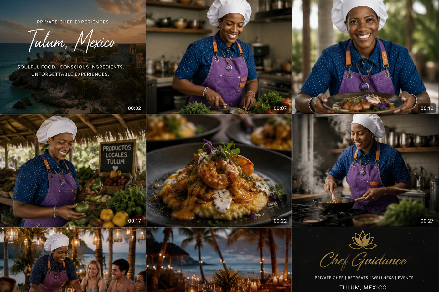 collage of images from a culinary experience in Tulum, Mexico, featuring a smiling woman chef preparing dishes, fresh produce at a local market, plated gourmet food, a chef cooking in a kitchen, a tropical sunset scene, and a promotional poster for Chef Guidance with details about private chef experiences, retreats, wellness, and events in Tulum.