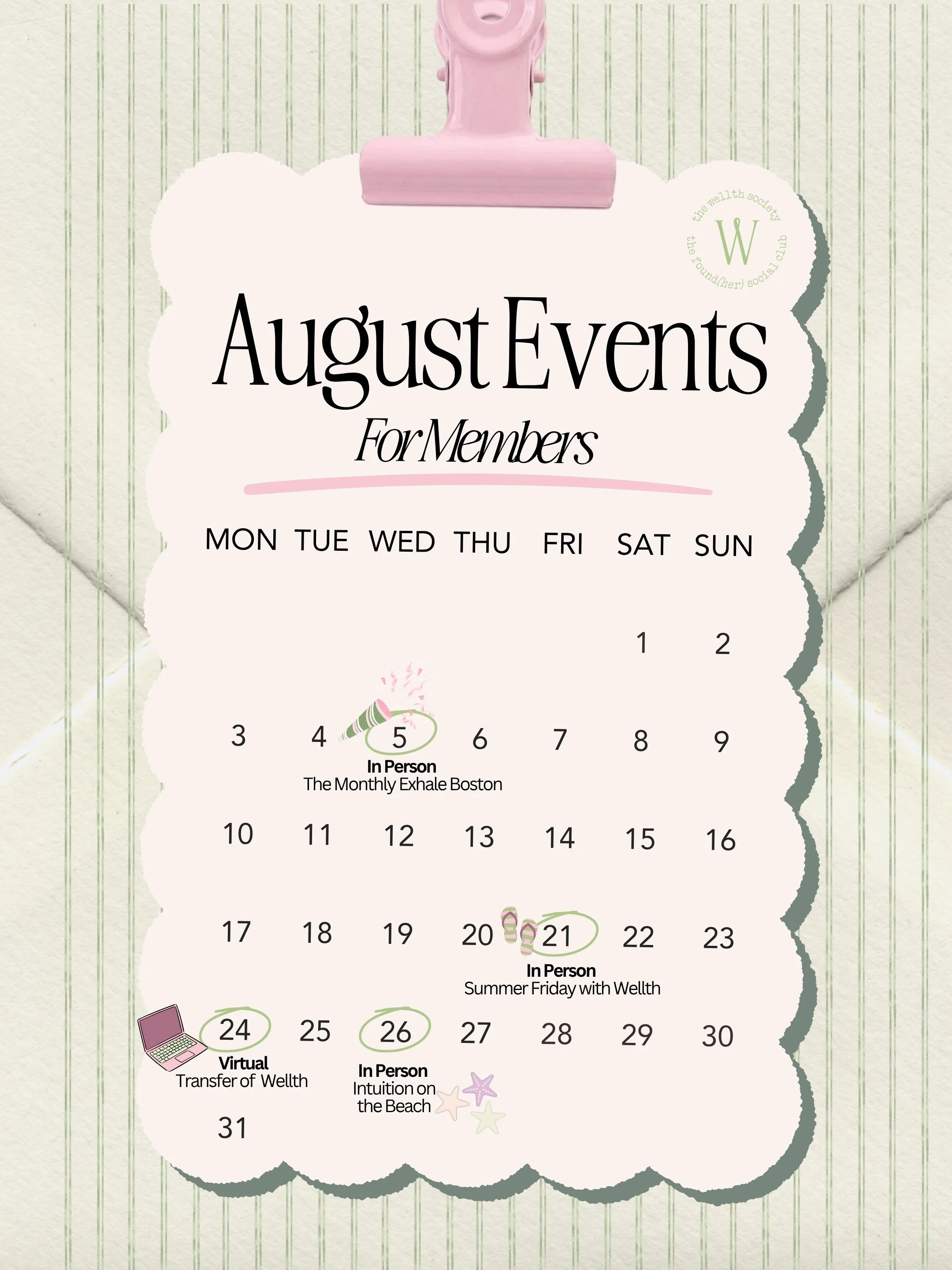 AUGUST at Wellth Society 🩷✨ Members only events!

1️⃣ Wednesday, August 5th | Monthly Exhale: Boston

&bull; A walk by the water to arrive in our bodies, followed by a business roundtable at @officehours.studio in the North End. Bring what you&rsquo