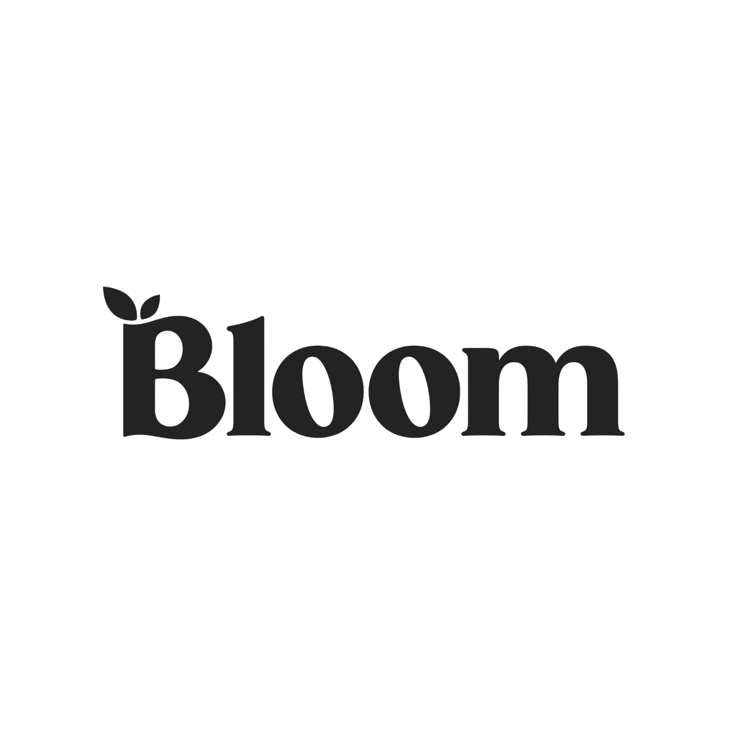 Black background with the word 'Bloom' in large, dark gray letters, and a small leaf sprouting from the letter 'B'.