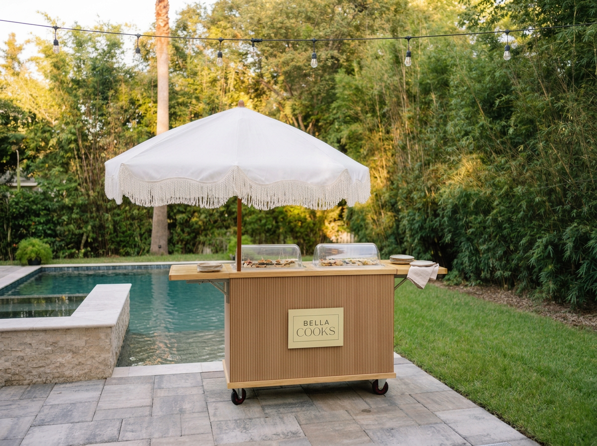 A luxury mobile foodie cart setup featuring elegant presentation and gourmet culinary bites at a private event