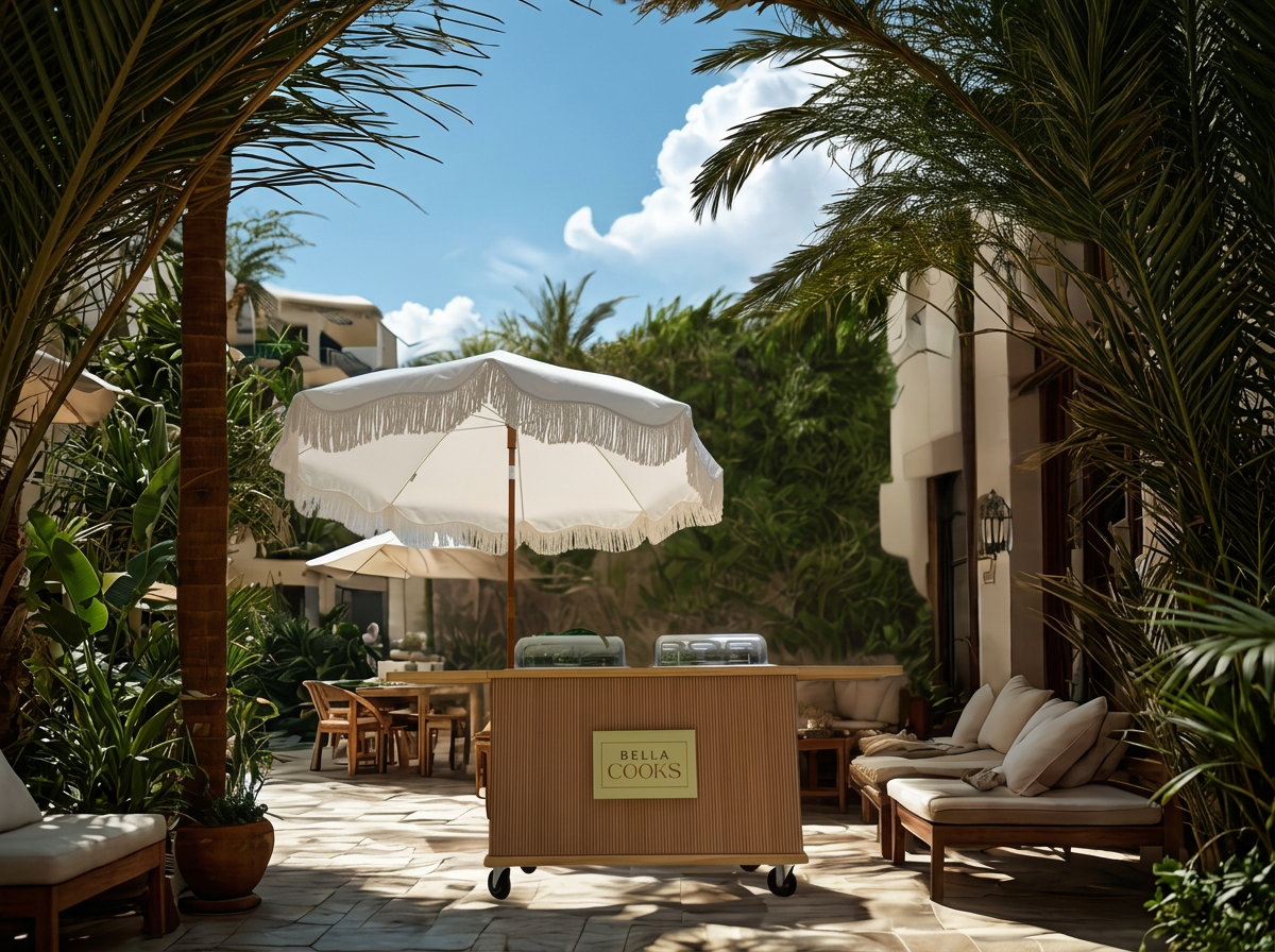 Luxury mobile catering Foodie Cart by Bella Cooks positioned at a chic venue.