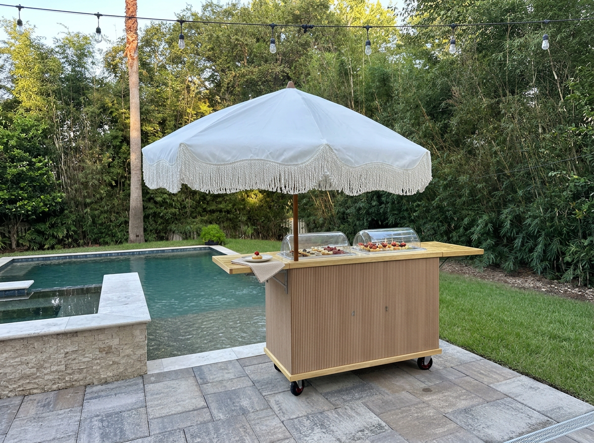 A vibrant foodie food cart set up outdoors, featuring a colorful menu board and freshly prepared dishes on display.