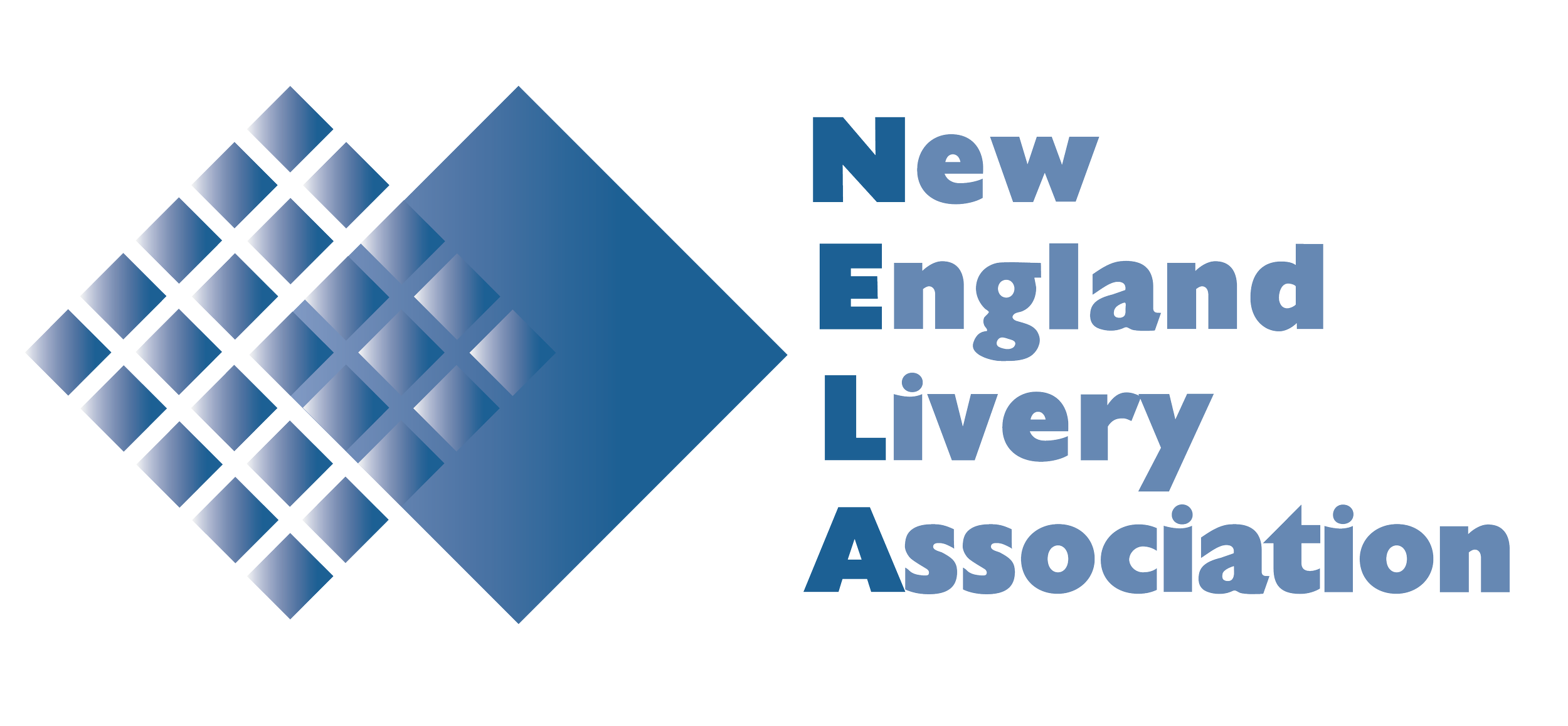 Logo for the New England Livery Association featuring a stylized blue and white diamond pattern and the organization's name in bold blue and gray text.