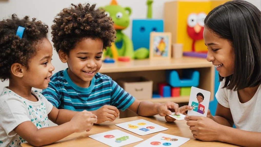 Une orthophoniste qui réalise une évaluation ou une intervention avec des enfants pour travailler des objectifs de développement du langage et de la communication dans un contexte agréable et amusant à La Prairie