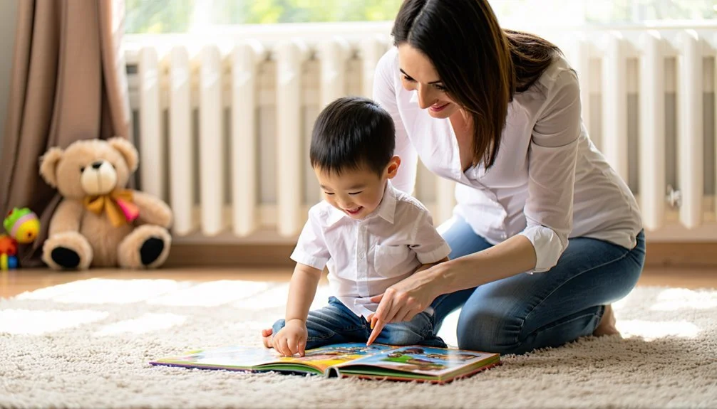 Une mère qui lit un livre à son enfant pour stimuler son langage en adoptant des stratégies enseignées en orthophonie sur le Rive-Sud de Montréal