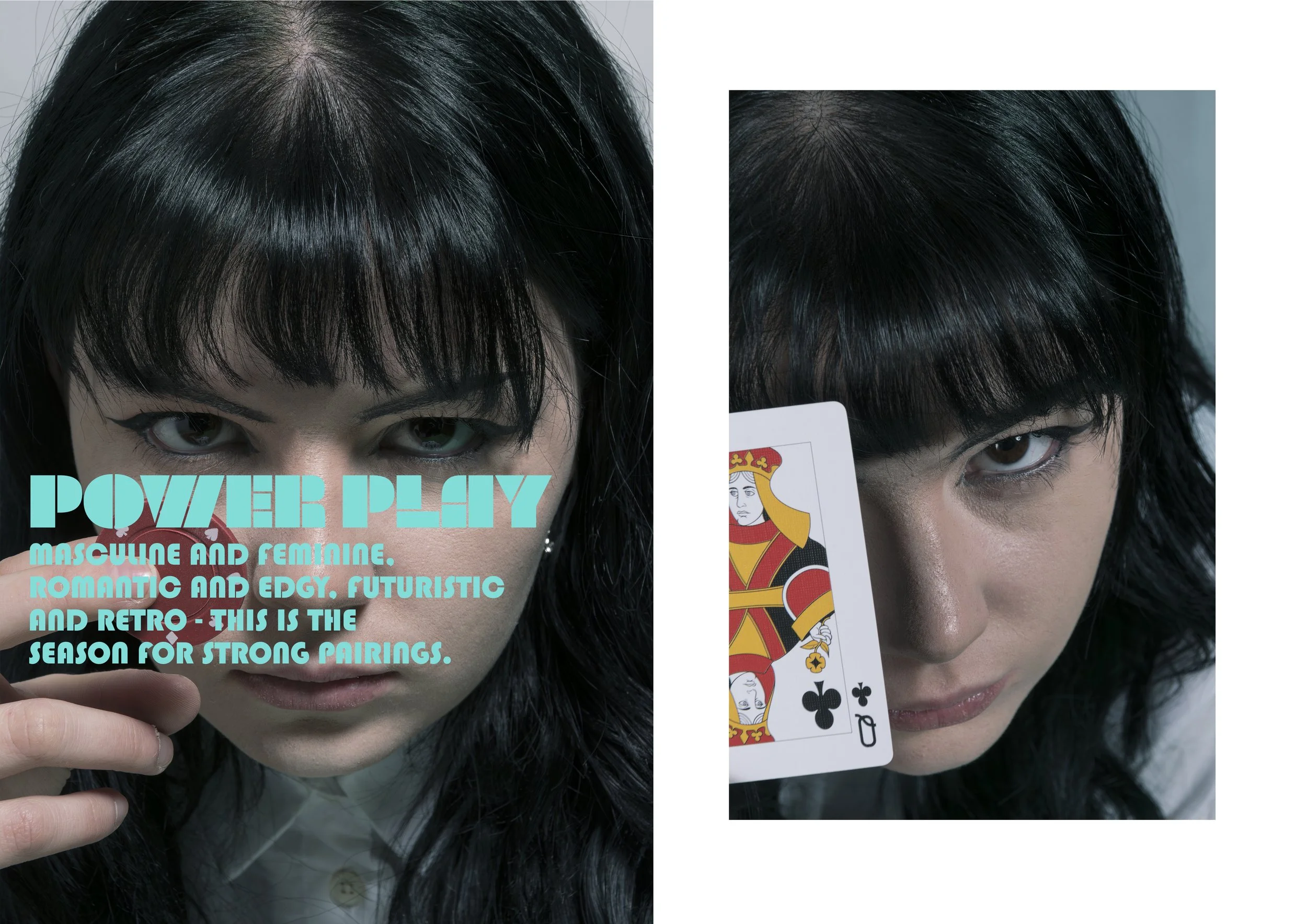 Close-up of a woman's face with black hair and green eyes, holding a playing card (Queen of Clubs) near her face, with a light-colored background and text about power play.