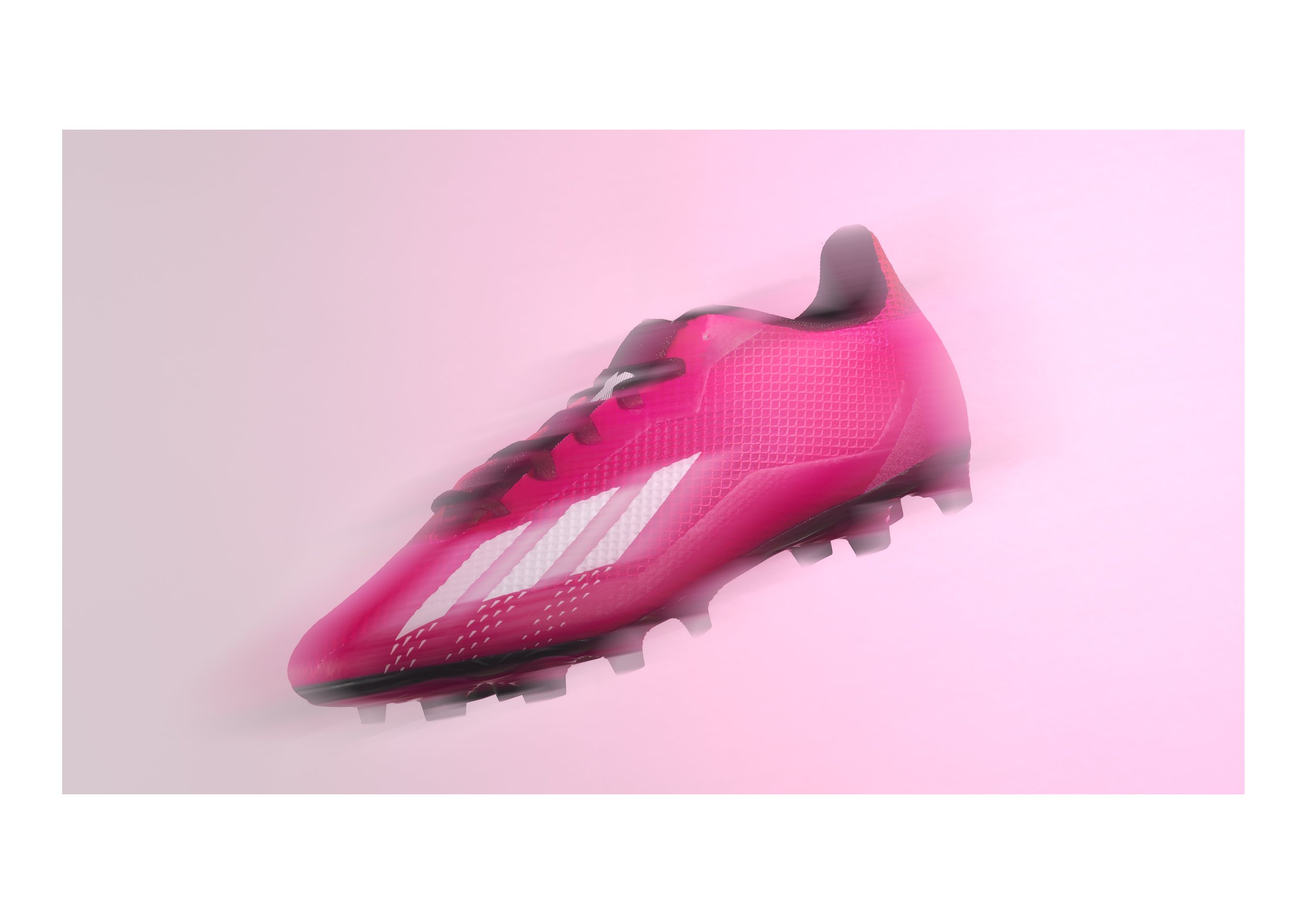 A pink athletic shoe with black laces and sole, displayed against a pink background.