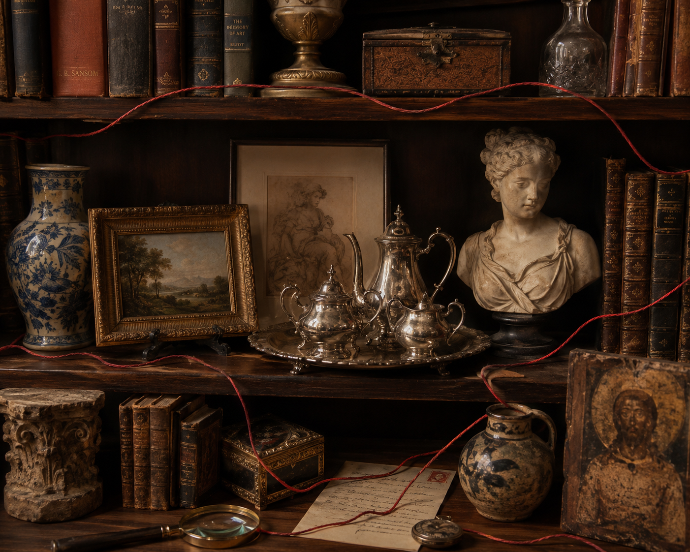 An antique wooden bookshelf filled with vintage books, framed artwork, a bust sculpture of a woman, a silver tea set, decorative vases, and small artifacts, creating a nostalgic, classical decor.