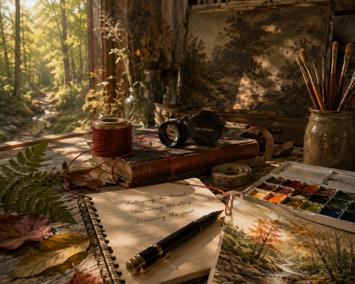 A cozy outdoor art workspace with painting supplies, an open watercolor palette, a sketchbook with handwritten poetry, a camera, and autumn leaves on a rustic wooden table, overlooking a forest scene.