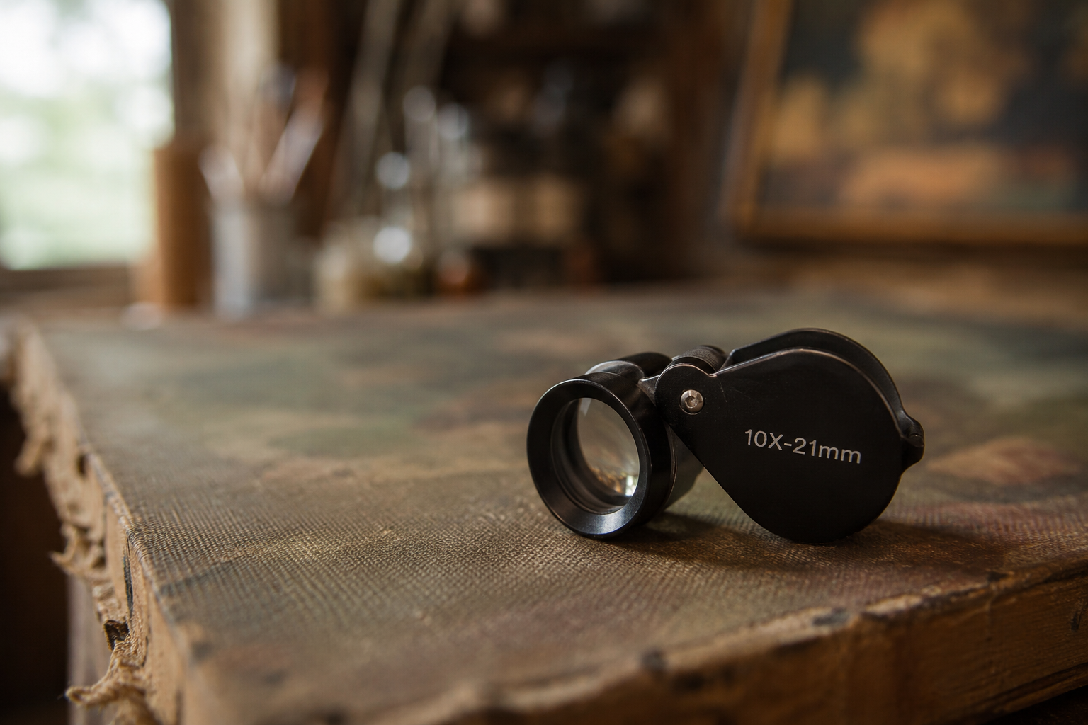 Close-up of a small black monocular with magnification 10X-21mm on a wooden surface in a rustic room.