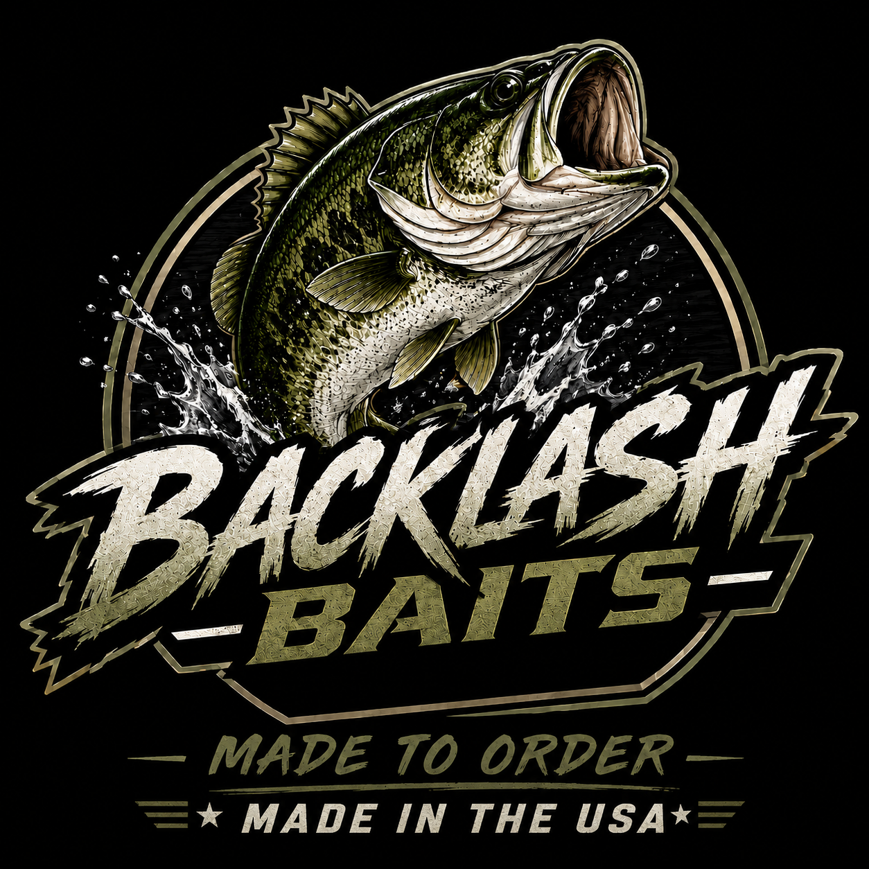 A logo featuring a detailed illustration of a largemouth bass fish jumping out of water with splashes. Text reads 'Backlash Baits, Made to Order, Made in the USA'.