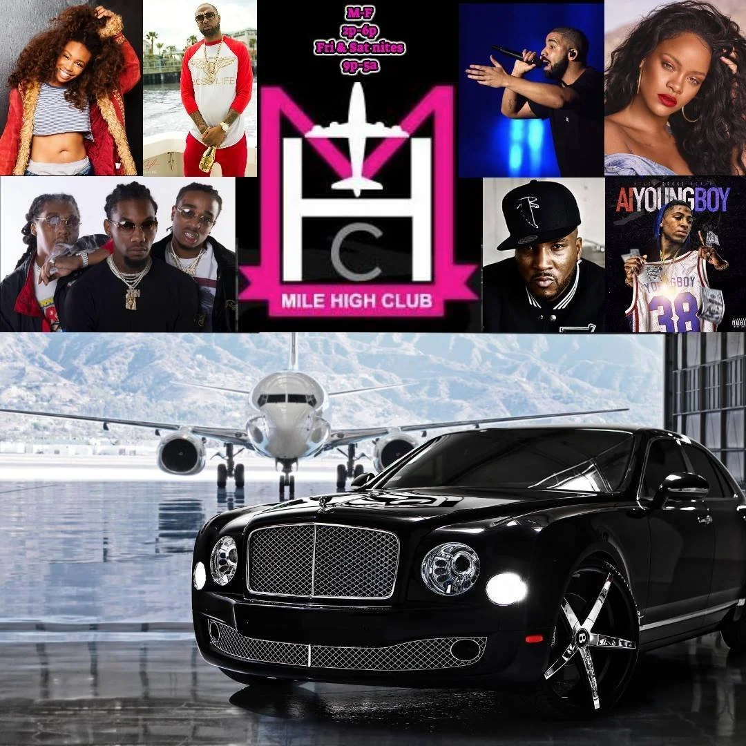 A collage featuring a diverse group of people, a logo for Mile High Club with an airplane silhouette, and a black luxury car in an airport hangar with a private jet in the background.