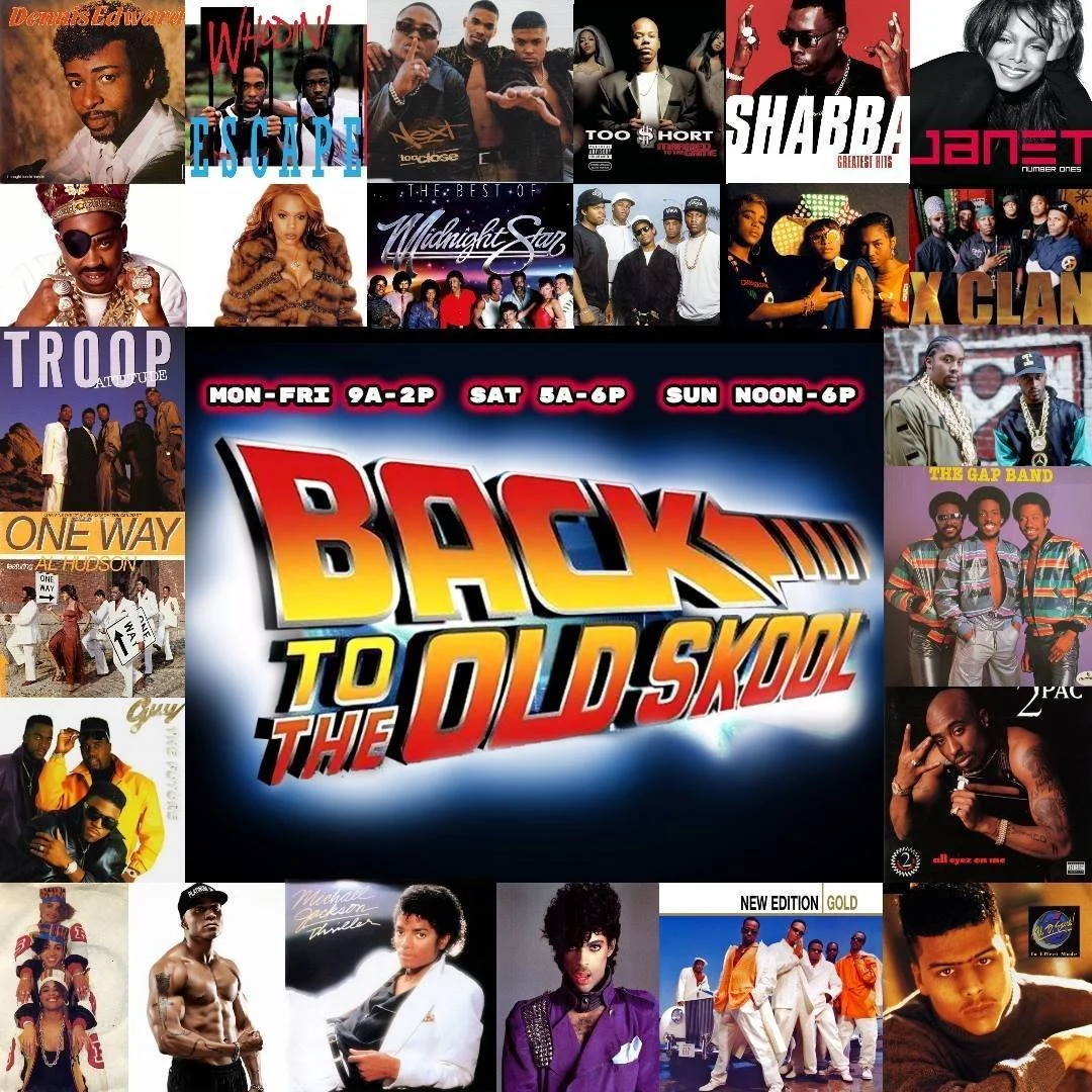 Collage of 16 album covers and a central graphic for the event 'Back to the Old Skool,' with event timings listed as Monday to Friday 9 am to 2 pm, Saturday 9 am to 6 pm, and Sunday noon to 6 pm.