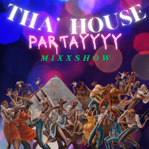 Image promoting a house party event called 'Tha House Partayyy MixxShow'. It features a lively dance scene with people dancing and a pyramid-shaped stage in the background, illuminated with colorful lights.