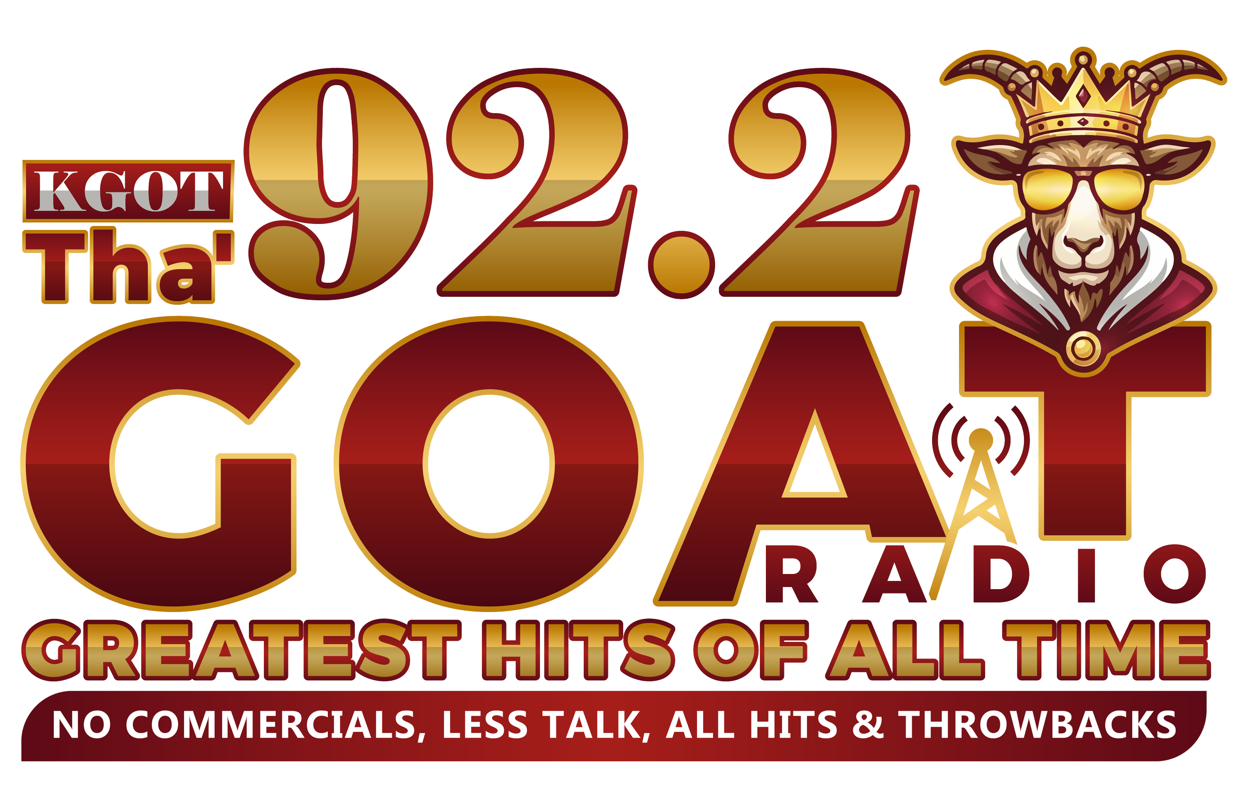 Logo for 92.2 KGOT, a classic hits radio station, featuring a stylized goat with sunglasses and a crown, with text highlighting the station's greatest hits of all time and its slogan of no commercials, less talk, and all hits.