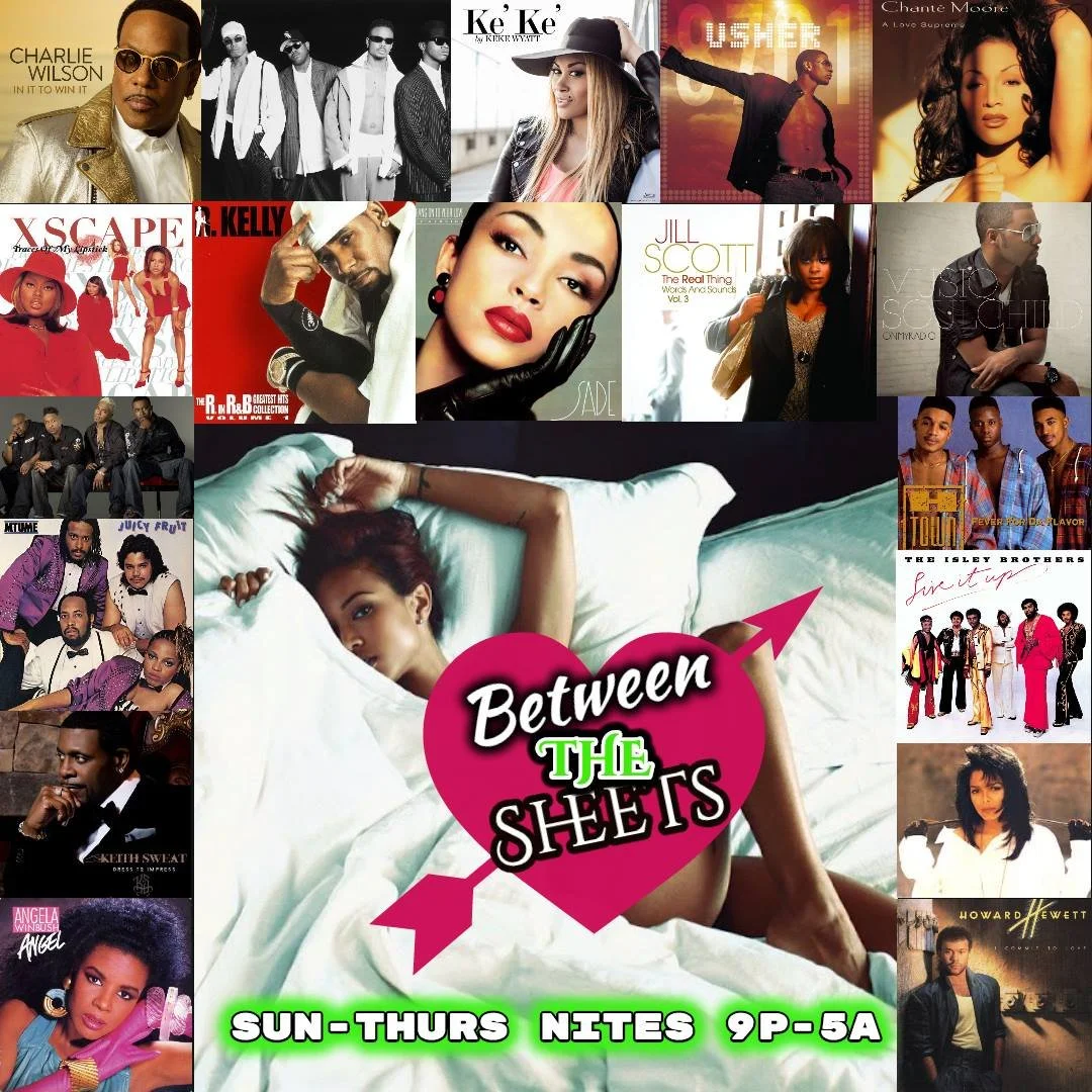 Collage of numerous album covers featuring diverse musical artists, centered around a woman lying on a bed with a pink heart-shaped graphic reading "Between the Sheets," and text indicating a radio show airing Sunday to Thursday nights from 9 p.m. to 5 a.m.