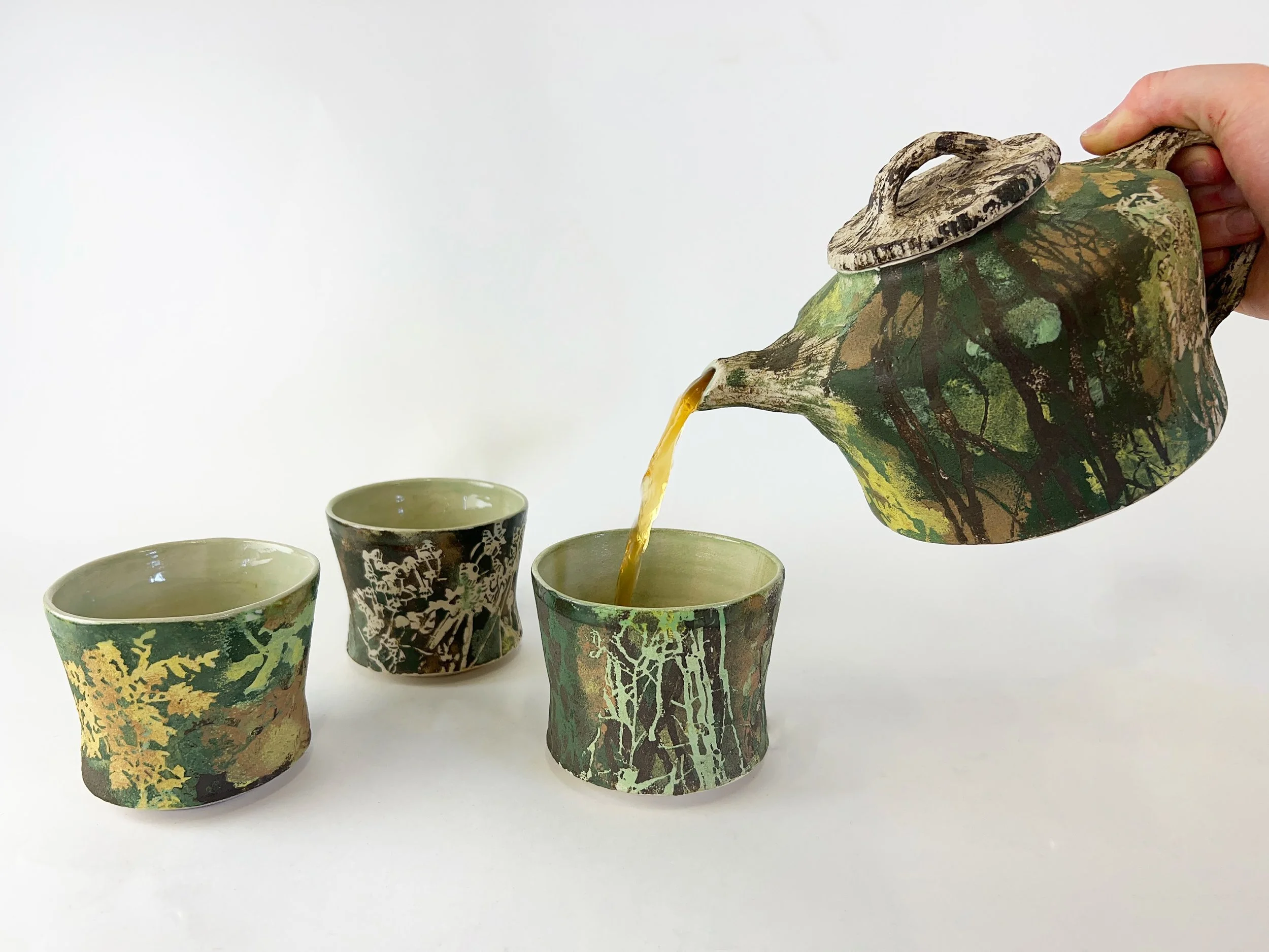 COMMUNITY
This collection of work explores the woodland as a symbiotic community, drawing parallels between ecological systems and our human communities.

Observing a woodland in South Wales over the course of a year, the collection of teapots and 