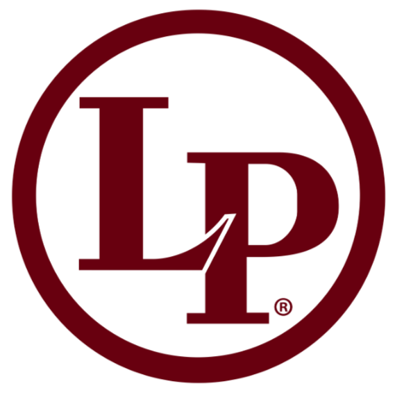 Logo with the letters 'LP' inside a circle, in maroon.