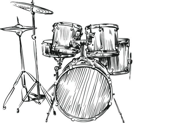 Black and white illustration of a drum set, including a bass drum, snare drum, two tom-toms, a hi-hat, and a crash cymbal.