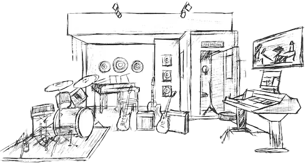 Sketch of a music recording studio with drums, guitars, speakers, and a piano.