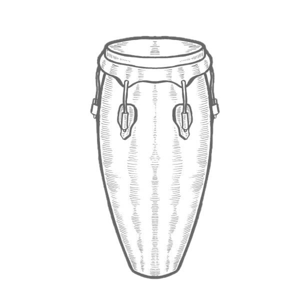 Line drawing of a conga drum with tuning lugs and a drumhead.