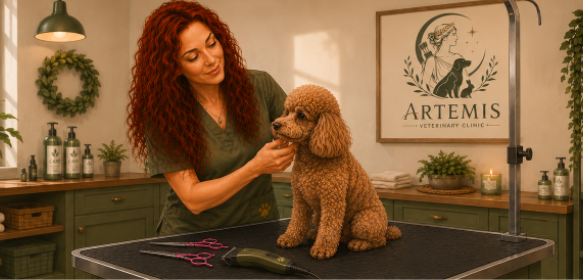 A female veterinarian with curly red hair examining a small brown poodle on a grooming table in a veterinary clinic.