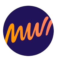 Logo with a dark blue circular background and stylized orange and pink text.