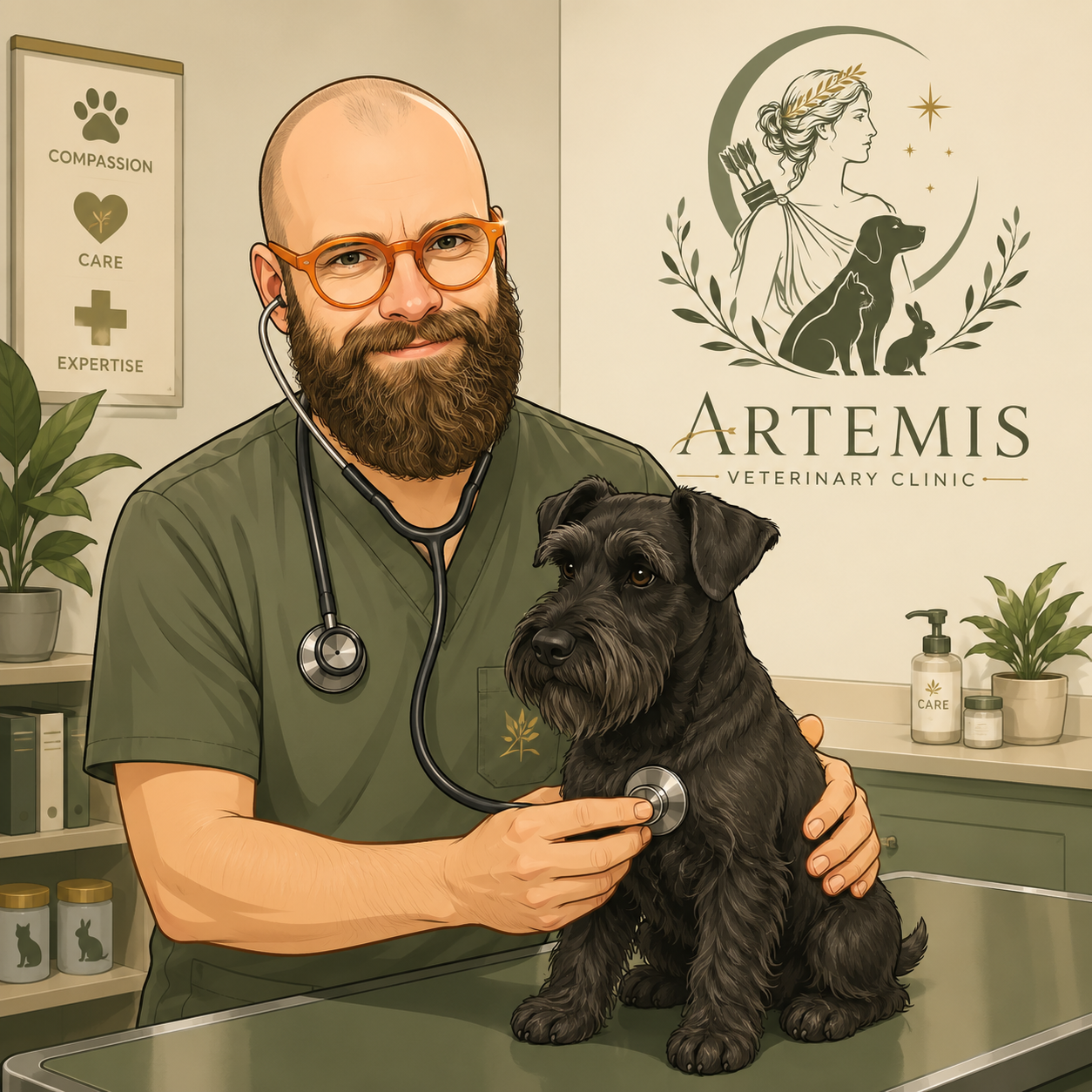 A veterinarian with glasses and a beard using a stethoscope to examine a black dog at Artemis Veterinary Clinic, with plants and medical supplies in the background.